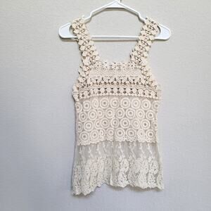 ISSI Vintage Crochet Lace Tank Top Women's Small Boho Festival Y2K Sheer Casual